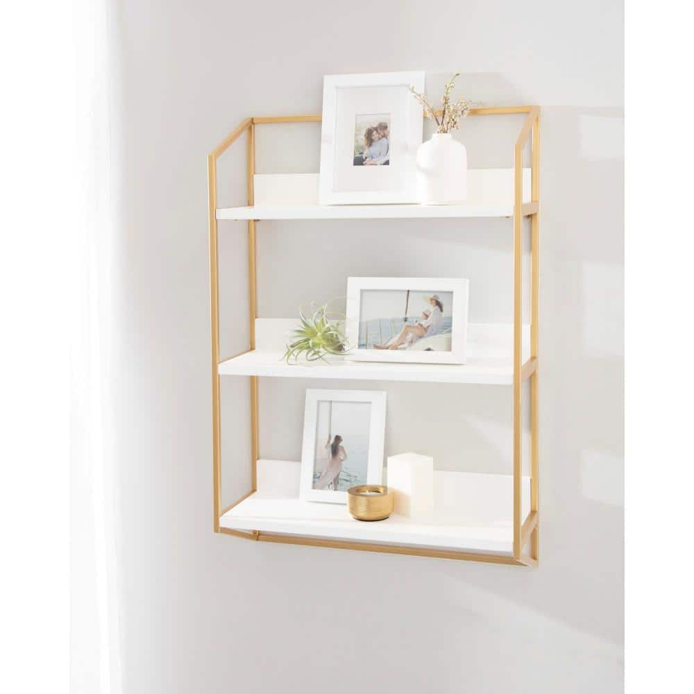 Elegant White and Gold 3-Tier Floating Wooden Wall Shelf