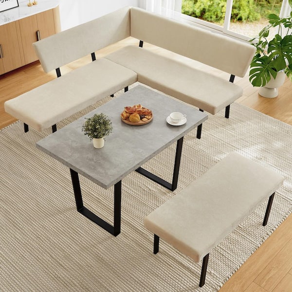 3-Piece Gray Dining Table Set 47.2 in. Rectangle Table with Corner Bench(Beige)