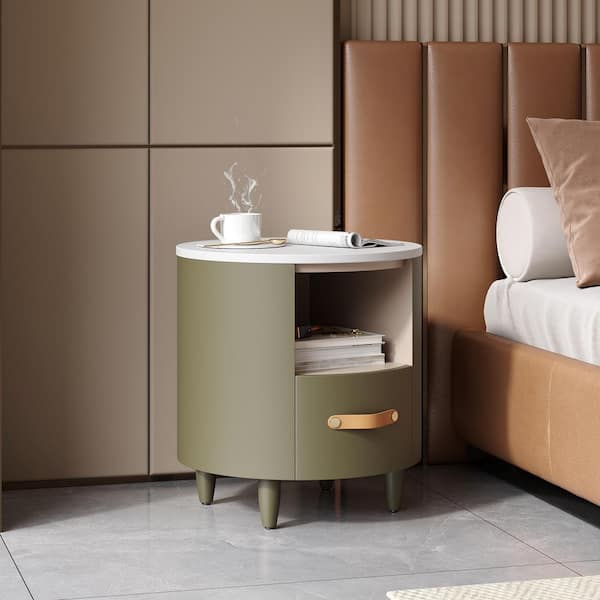 Barlow Modern Green 1 Drawer Round Nightstand with Open Shelf, Faux Leather Handle, Tapered Legs, Wood