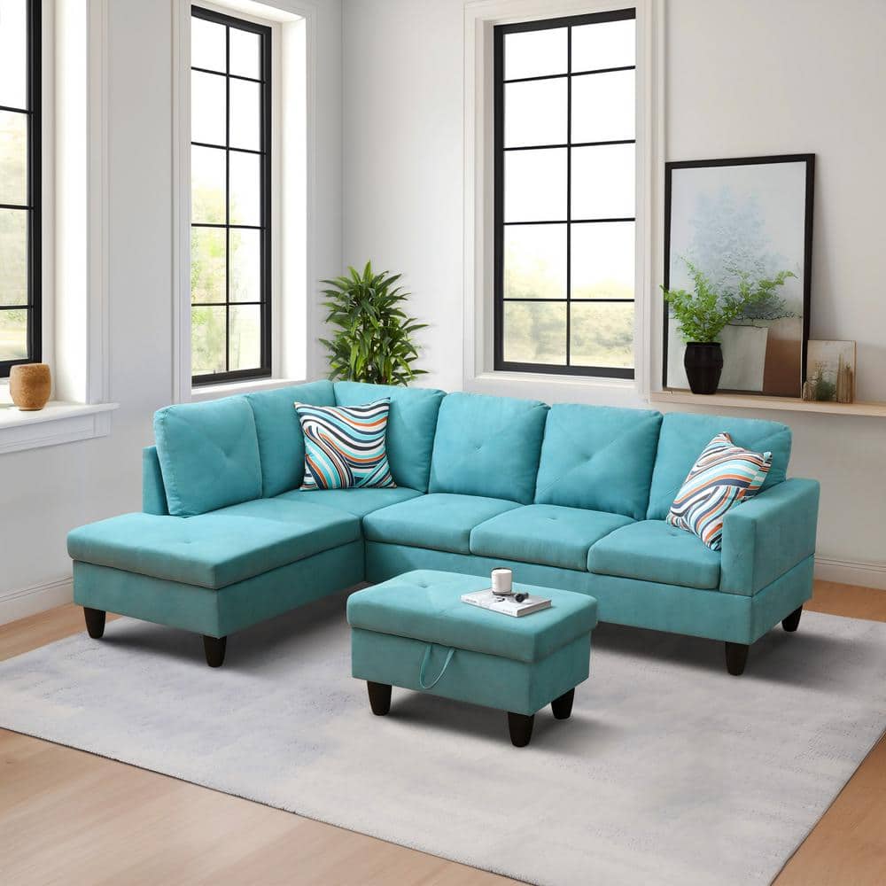 28.5 in. W Aqua Blue Linen Rectangle Ottoman with Storage