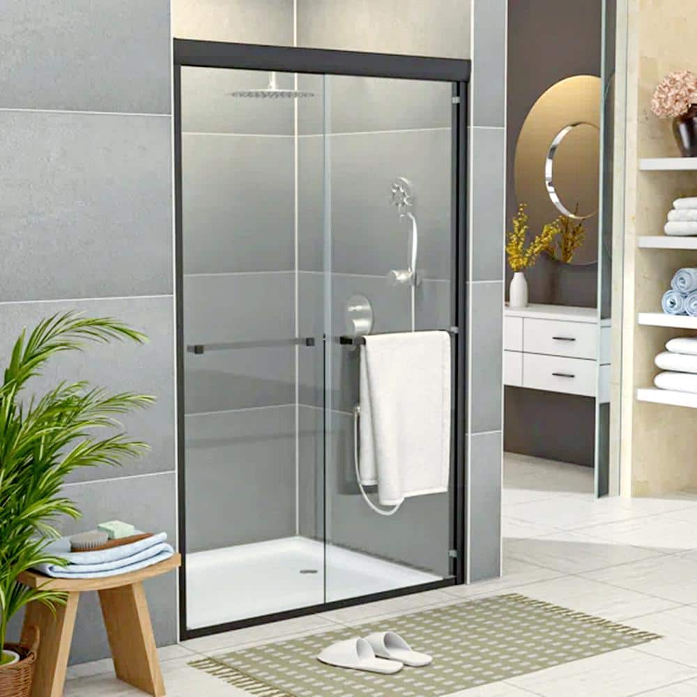 48" Matte Black Semi Frameless Sliding Shower Door