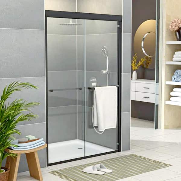 Magic Home 76 in. x 48 in. Bypass Semi-Frameless Single Sliding Enclosure Shower Door Tub Door with Clear Glass in Matte Black
