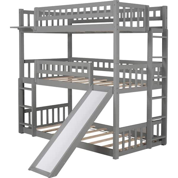 Angel Sar Gray Twin-Over-Twin-Over-Twin Triple Bed with Built-in Ladder and Slide