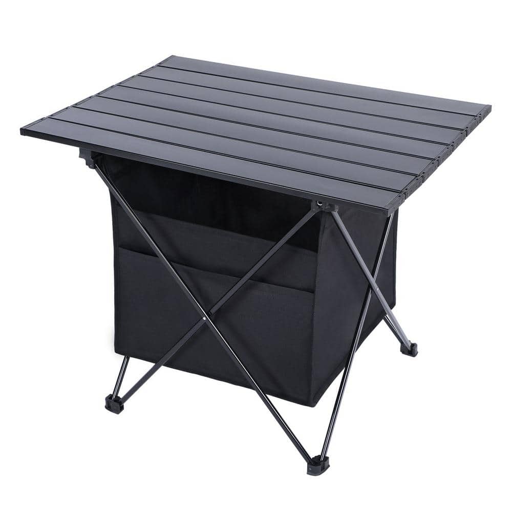 Black Portable Folding Aluminum Alloy Table with High-Capacity Storage and 