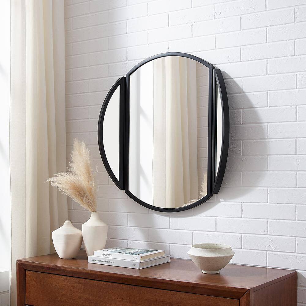 30" Black Metal Round Wall Mirror with Hinging Sides