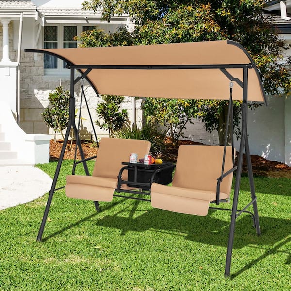 2- Person Metal Porch Patio Swing Chair with Brown Cushions and Adjustable Canopy