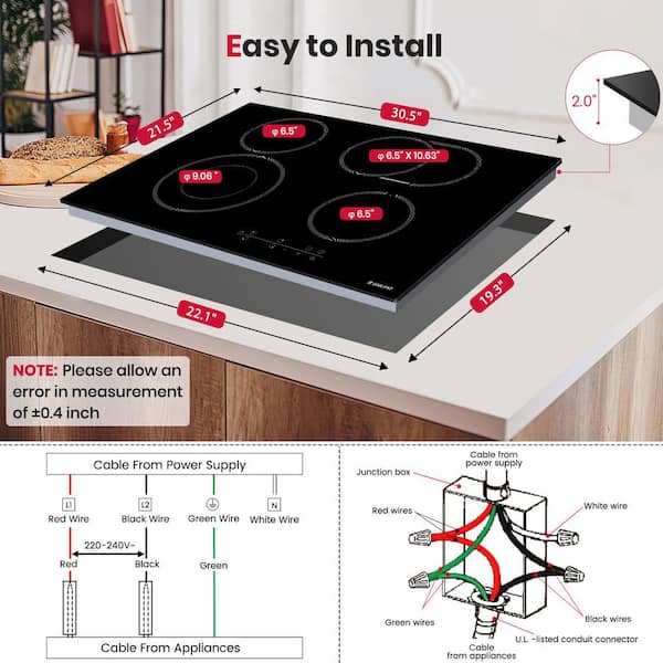30 in. Smooth Radiant Electric Cooktop with 4-Elements include Dual Zone Element in Black