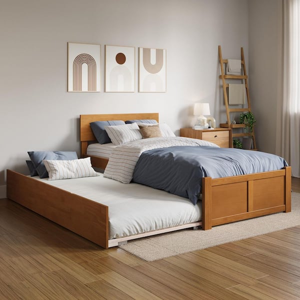 Orlando Light Toffee Natural Bronze Solid Wood Frame Twin XL Platform Bed with Footboard and Twin XL Trundle