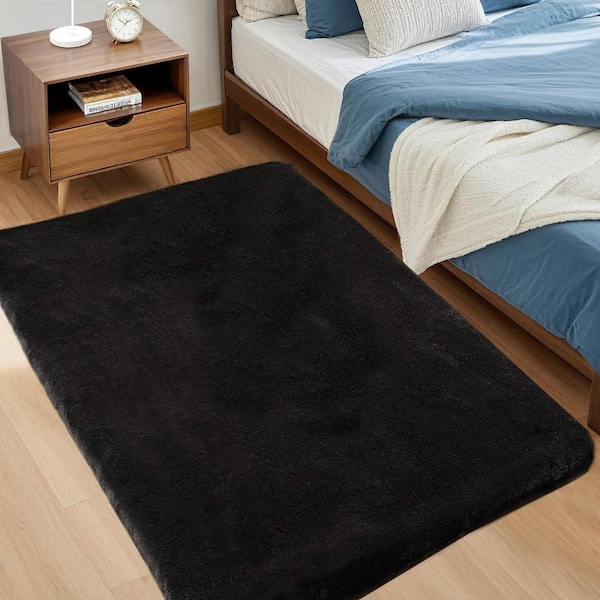 Black 3 ft. x 5 ft Fuzzy Faux Rabbit Fur Rug Plush Fluffy Rug Area Rug