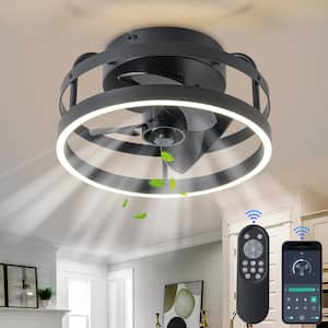 12 in. Smart Indoor Black Low Profile Flush Mount Ceiling Fan with Integrated Dimmable LED with Remote Included