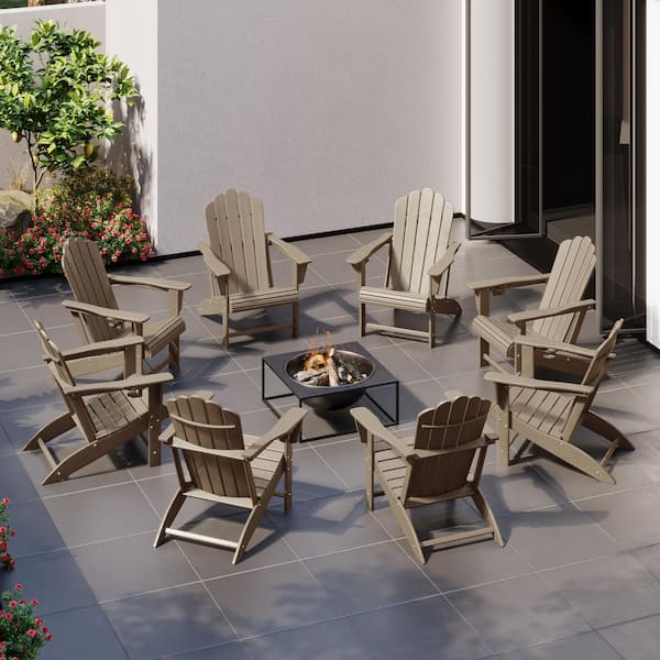 Aderson Set of 8 All Weather Fade Resistant Outdoor Patio HDPE Adirondack Chairs with Cup Holders in Weathered Wood