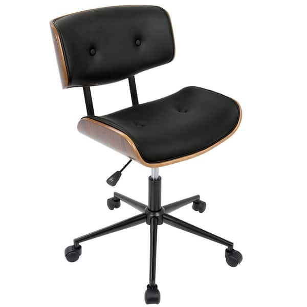 Lombardi Faux Leather Adjustable Height Office Chair in Black Faux Leather and Black Metal with Walnut Wood Accents