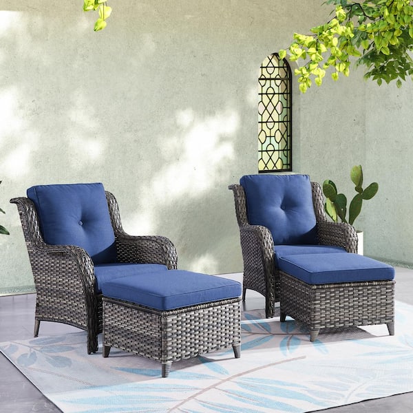ArcoBay 4-Piece Gray Wicker Outdoor Lounge Chairs Patio Armchairs with Navy Blue Cushions and Ottomans