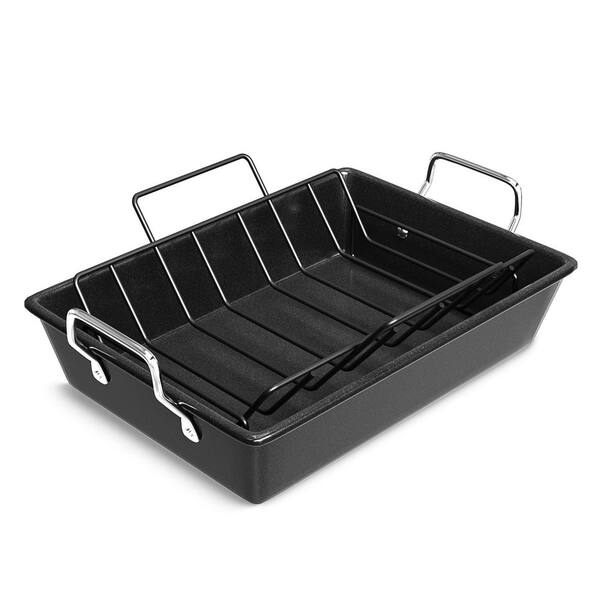15 qt. Carbon Steel Nonstick Roaster Pan with U Rack and Handles for Turkey, Chicken, Oven, Broiler & Dishwasher Safe