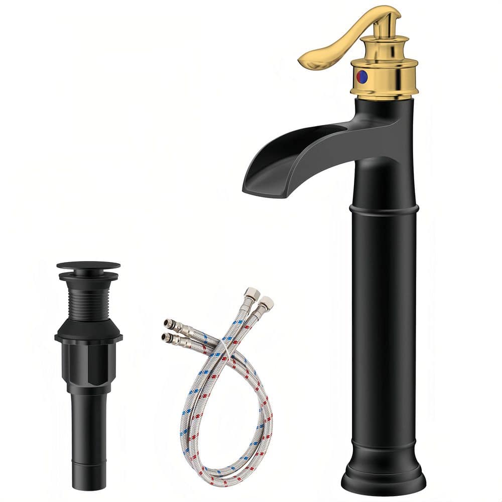 Single Handle Waterfall Vessel Sink Faucet with Drain Kit Included in Matte Black & Gold price history on PriceWatchPro