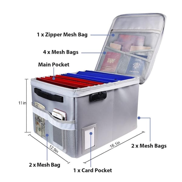Silver Plastic 16.1 in. W Vertical Portable File Cabinet Fireproof Document File Organizer Box