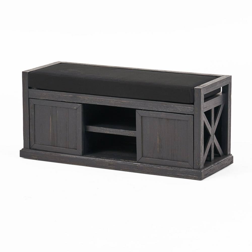 Sandblast Dark Gray Acacia Wood Storage Bench with Black Cushion