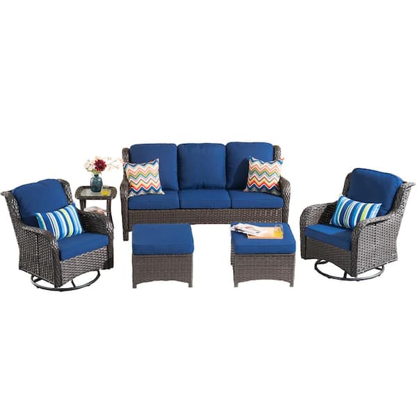 Maroon Lake Brown 6-Piece Wicker Patio Conversation Seating Sofa Set with Navy Blue Cushions and Swivel Rocking Chairs