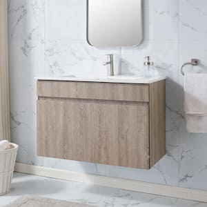 36 in. W x 18 in. D x 23 in. H Bathroom Vanity without the Handle in Grey Wood Grain with White Ceramic Sink