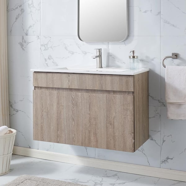 Wall Mounted Bathroom Vanity Ceramic Top Modern Bathroom Vanity and Sink  Storage Cabinet with Drawer and Mirror Bathroom Cabinets and Vanities Solid