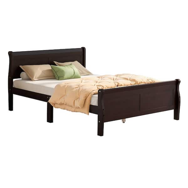 Polibi 62.50 in. W Espresso Brown Queen Solid Wood Sleigh Bed with Headboard and Wood Slat Support