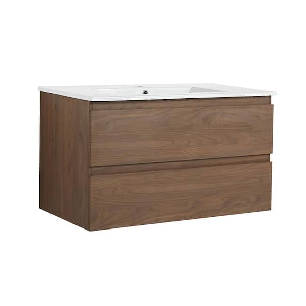 35.90 in. W Floating Wall-Mounted Bath Vanity in Brown Oak with White Ceramic Top