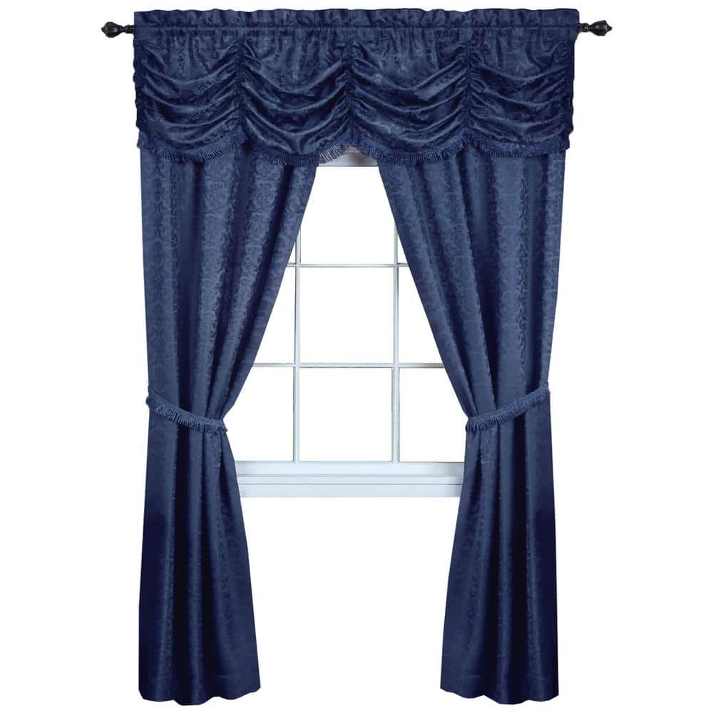 Navy Blue Jacquard Damask Curtains with Austrian Valance and Tiebacks