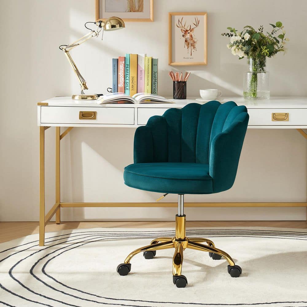 JAYDEN CREATION Rebeca Teal Swivel Velvet Task Chair with Tufted