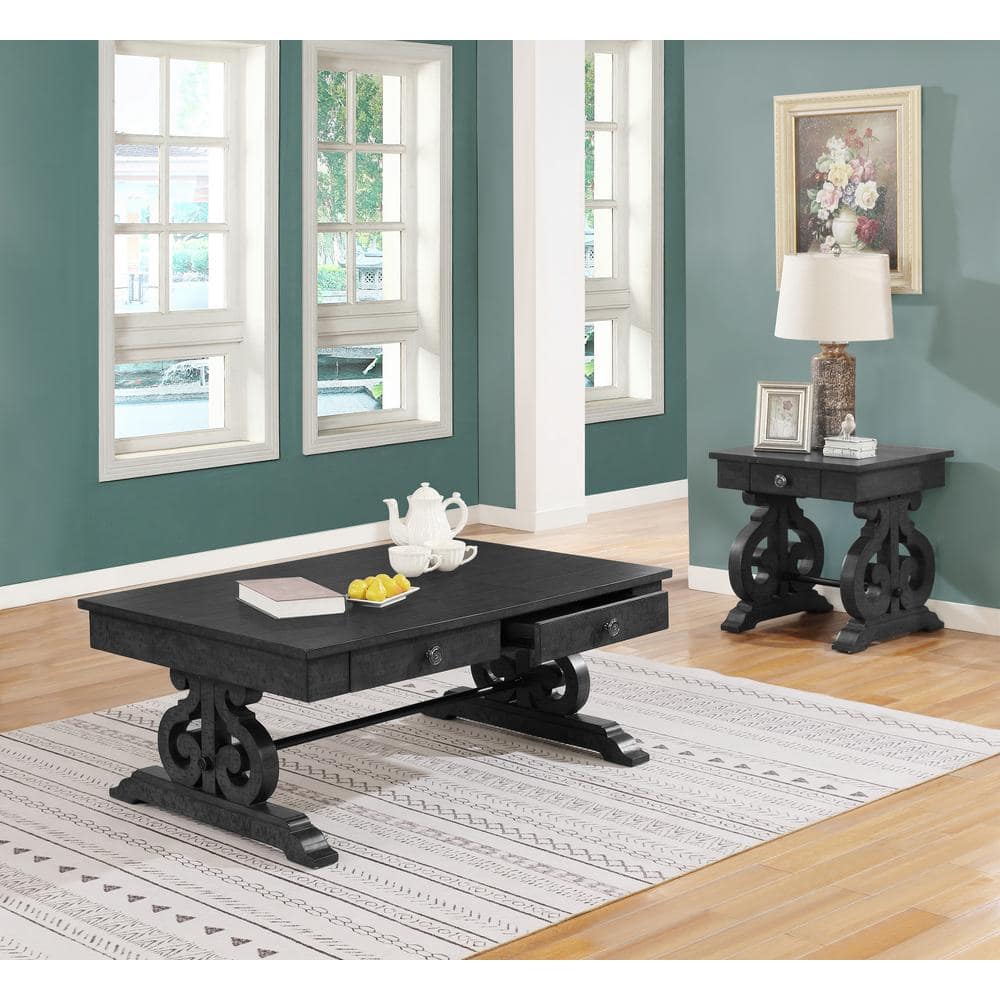Rustic Dark Gray Wood Coffee & End Table Set with Shallow Drawers