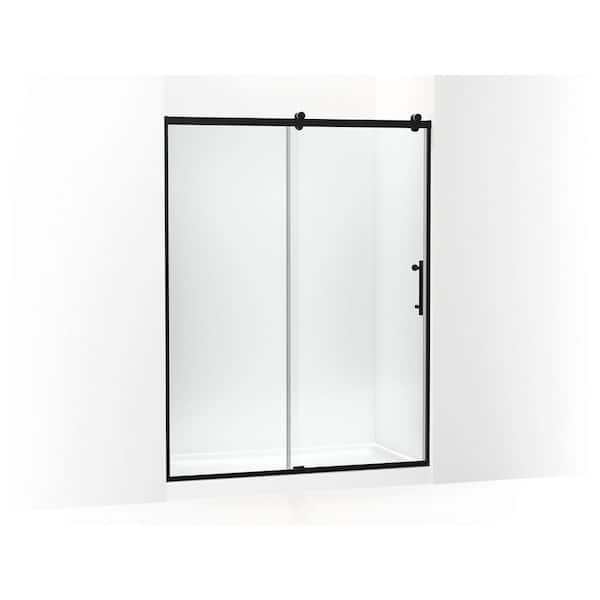 Rely 59.63 in. W x 77 in. H Sliding Semi Frameless Shower Door in Black Finish with Clear Glass