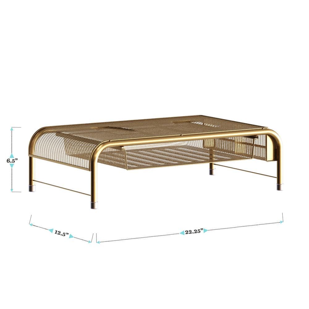 Gold Mesh Metal Desktop Monitor Stand Riser with Drawer