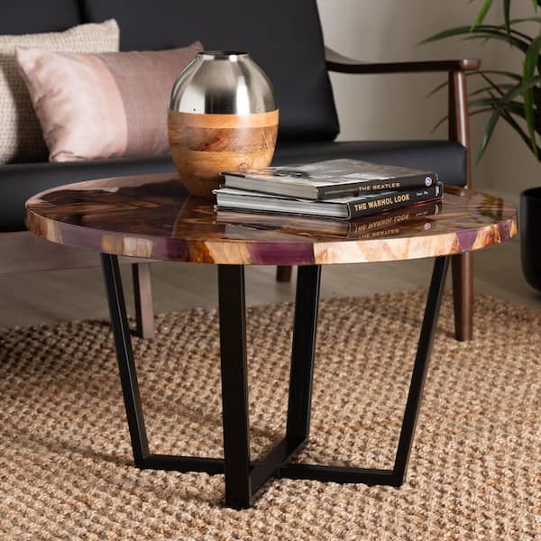 Apio 31.5 in. Natural Brown and Black Round Wood and Purple Resin Coffee Table