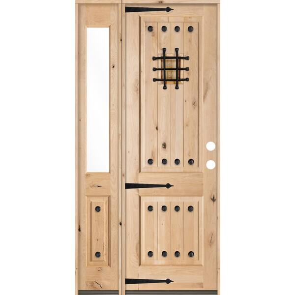 Krosswood Doors 46 in. x 96 in. Mediterranean Alder Sq Clear Low-E Unfinished Wood Left-Hand Prehung Front Door with Left Half Sidelite