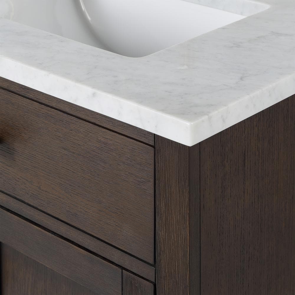 Chestnut 72" Brown Oak Double Sink Vanity with Carrara White Marble Countertop