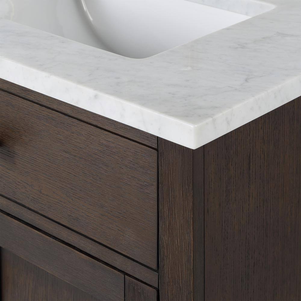 Chestnut 72" Brown Oak Double Sink Vanity with Carrara White Marble Countertop