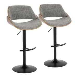 Fabrizzi 33 in. Grey Fabric, Walnut Wood and Black Metal Adjustable Bar Stool with Rounded T Footrest (Set of 2)