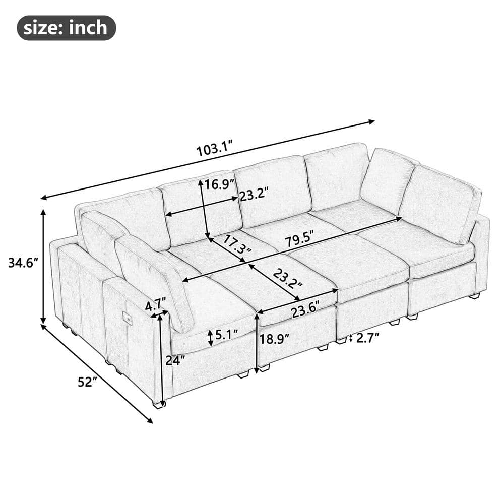 103" Beige Chenille Fabric Sectional Sofa with Ottoman