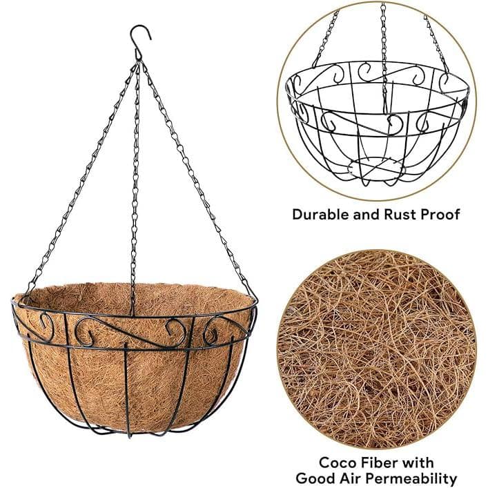 12-Inch Black Metal Hanging Planter Basket with Coco Liner, 2-Pack