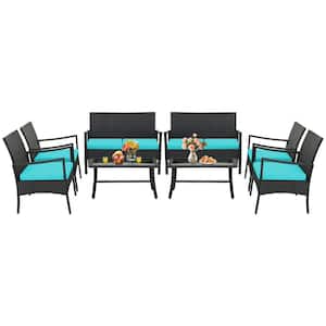 8-Pieces Wicker Patio Conversation Set Outdoor Rattan Furniture Set with Turquoise Cushions and Glass Coffee Table