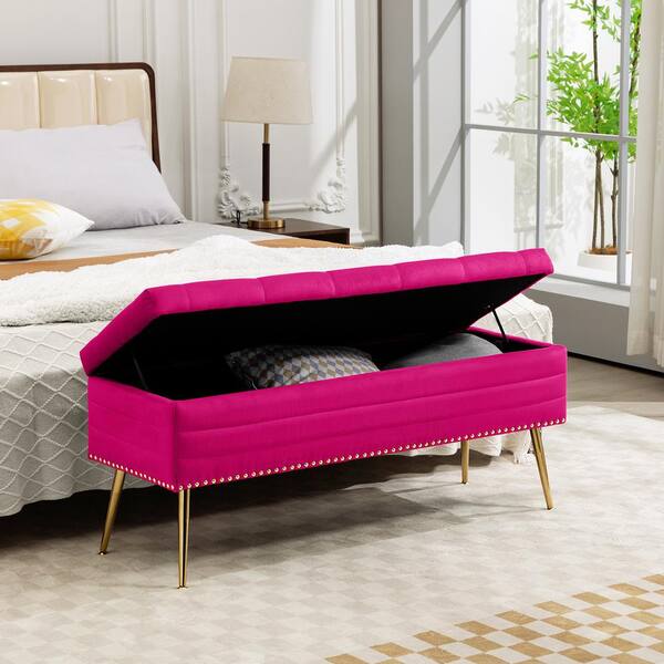 JEAREY Velvet Fushia Storage Ottoman Entryway Bench with Gold Base
