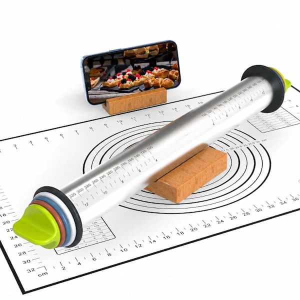 13.6 in. Stainless Steel Rolling Pin with 4 Color-Coded Thickness Rings, Pastry Mat, and Wooden Stand