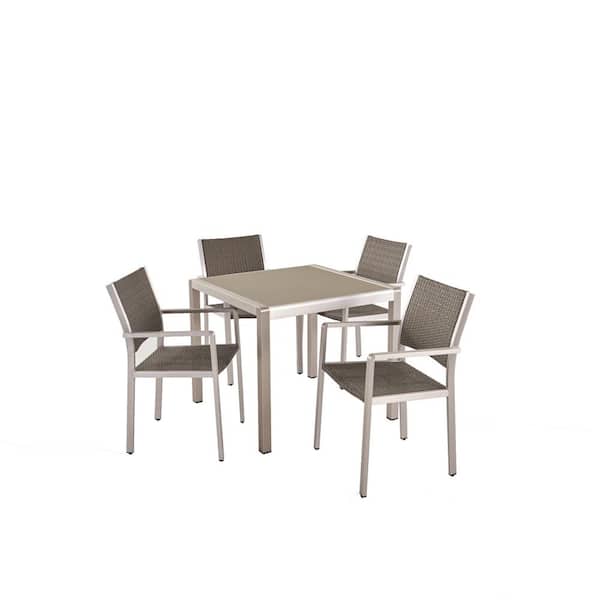 Noble House Cape Coral Silver 5-Piece Metal and Faux Rattan Square Table Outdoor Patio Dining Set with Tempered Glass