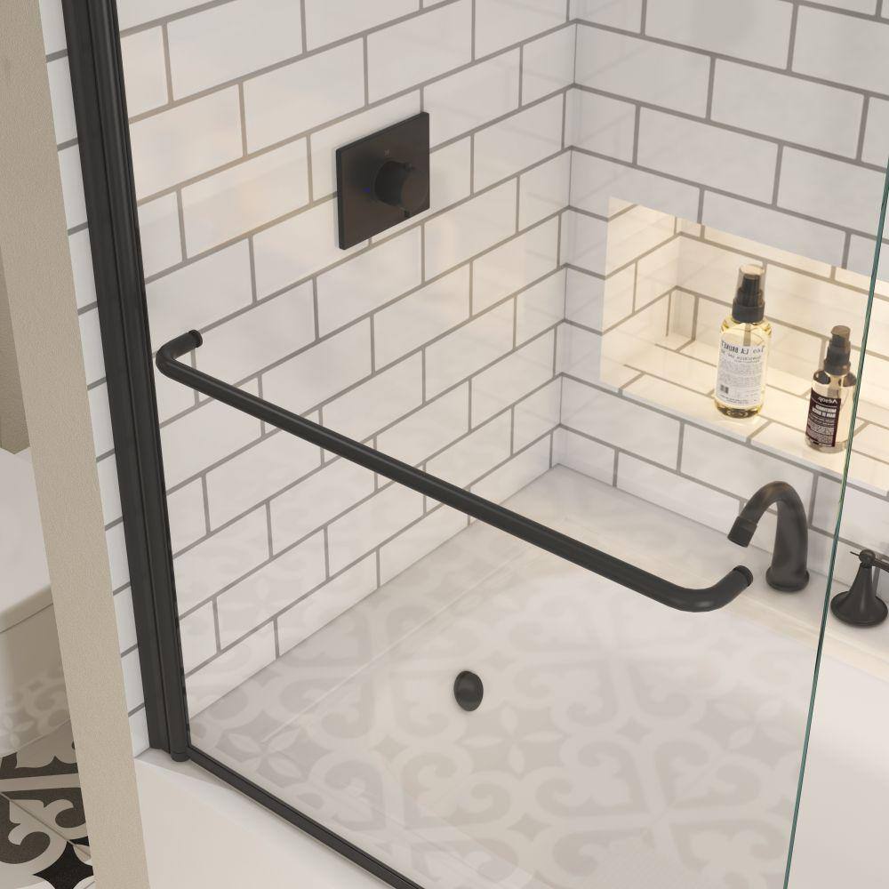 34"W x 58"H Matte Black Frameless Pivot Tub Door with Clear Glass
