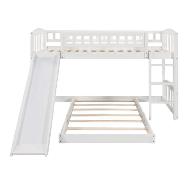 ANBAZAR White Twin Over Twin Bunk Bed with Slide for Kids, Wooden Low Floor Kids Bunk Bed Frame with Ladder and Slide