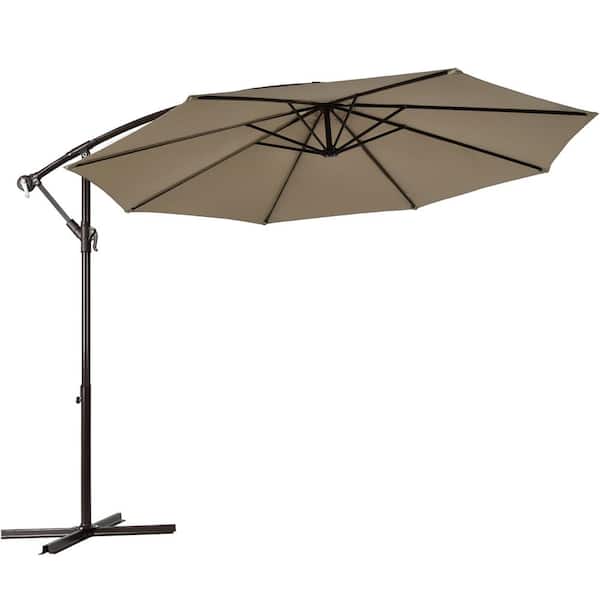 Costway 10 ft. Iron Cantilever Solar Tilt Patio Umbrella in Tan