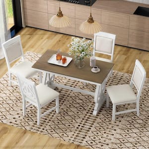 Brown and White 5-Piece Rectangle Wood Top Dining Set with Upholstered Chairs and Gorgeous Hollowed-out Carving Pattern