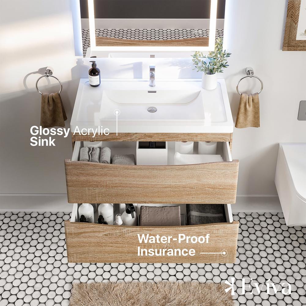Eviva Smile 36" White Oak Wall-Mount Bathroom Vanity with Acrylic Sink
