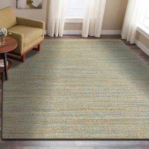 Finn Contemporary Tan/Blue/Green 9 ft. x 12 ft. Handwoven Braided Natural Jute and Chenille Area Rug