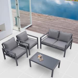 4-Piece Grey Aluminum Patio Conversation Set with Grey Cushions, Tempered Glass Coffee Table for Courtyard, Deck