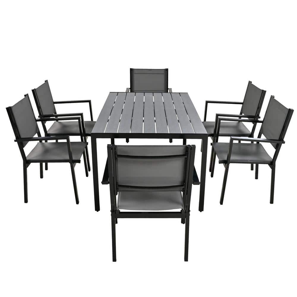 7-Pieces Gray High-Quality Metal Outdoor Dining Set, 1 Table and 6 Chair, f